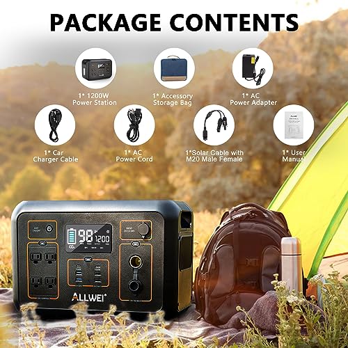 ALLWEI Portable Power Station 1200W(Peak 2400W), 1132Wh Solar Generator 306000mAh with 4 * 120V AC Outlets, 6* USB-C PD3.0 60W