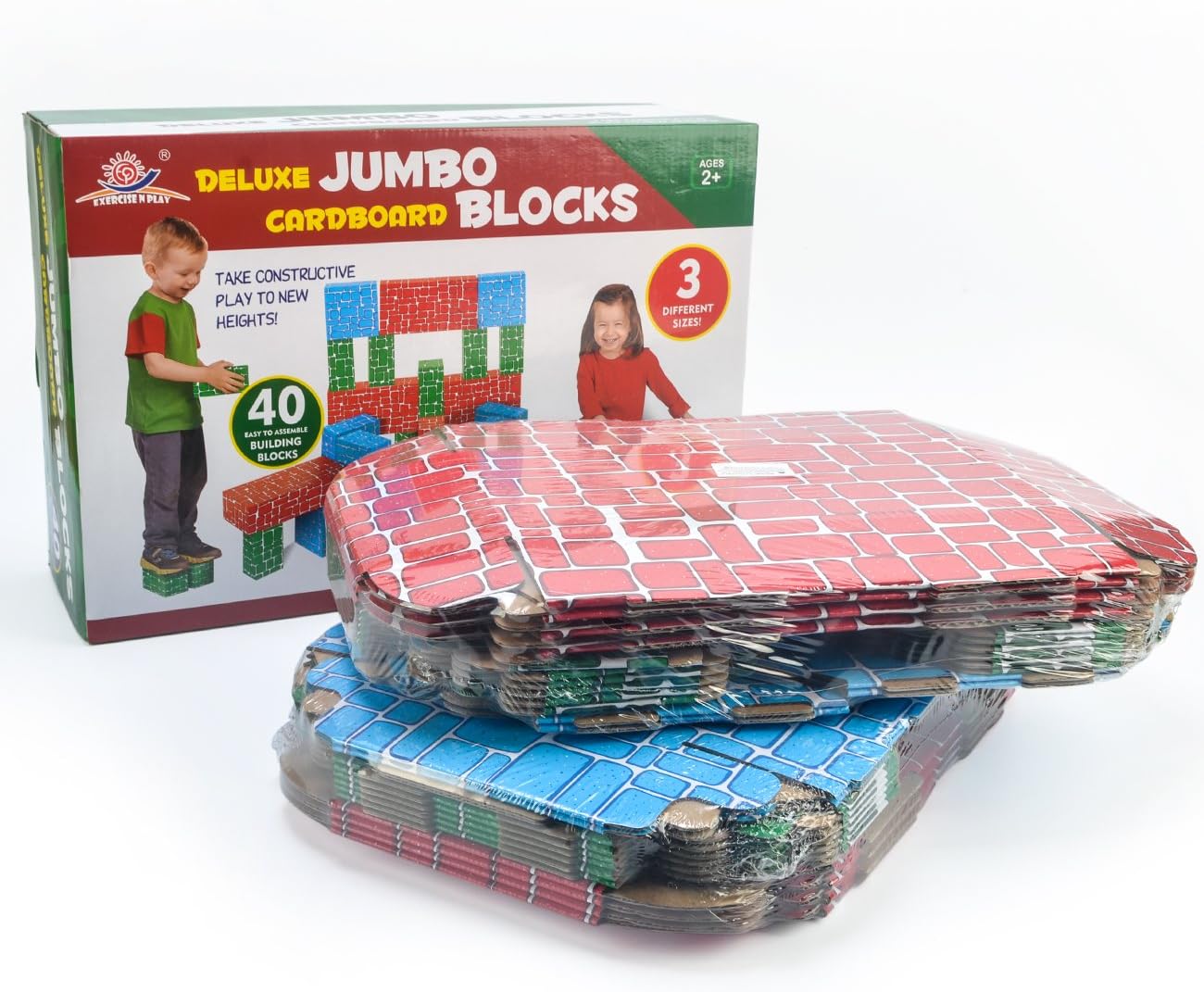 Cardboard Building Block, Exercise N Play 40pcs Extra-Thick Jumbo Giant Building Blocks in 3 Sizes for Kids