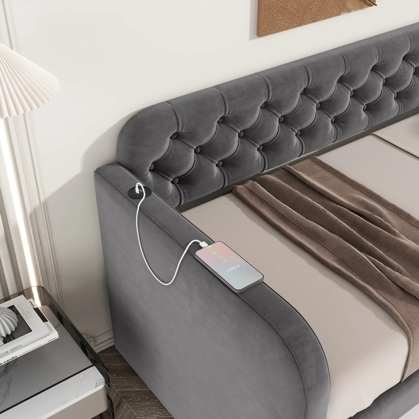 WII UWILL Twin Size Velvet Upholstered Daybed with Trundle,USB-C and Type-C