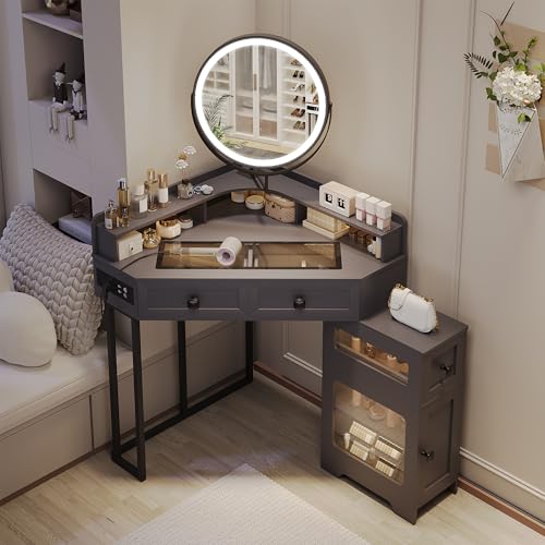 Corner Vanity Desk with Mirror and Lights, Modern Makeup Vanity with Charging Station & Human Sensor Light