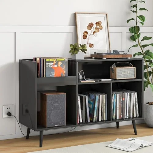 KHBIULIFE Mid-Century Record Player Stand with  Vinyl Record Cabinet Record Player Table with Power Outlet Turntable Stand Large Record Holder Holds