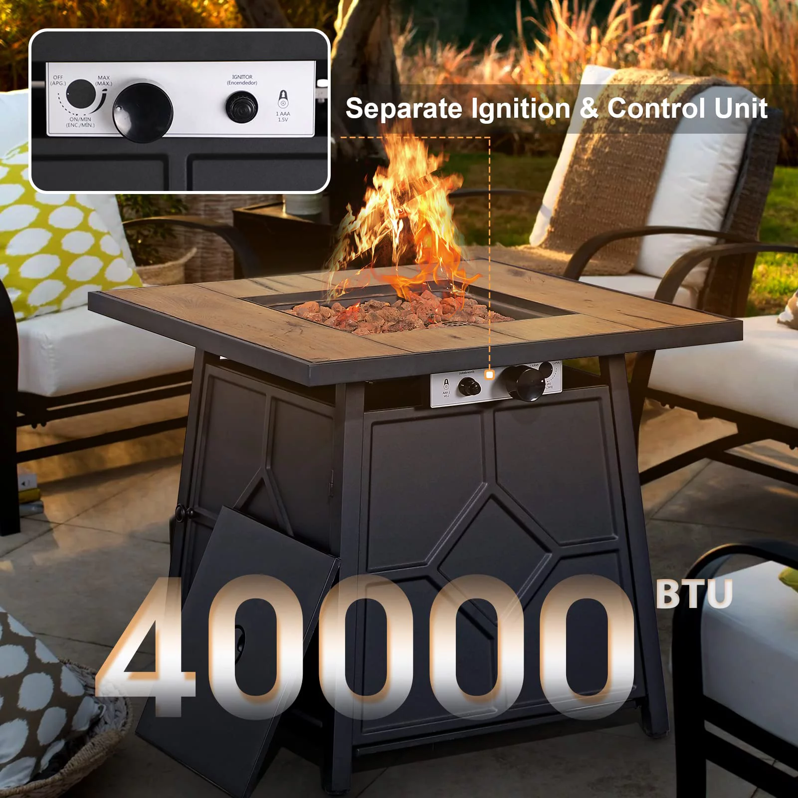 Patio Furniture Set with 28" Fire Pit Table, 4 Piece Outdoor Small Sectional Sofa Wicker Conversation Set with Tempered Glass Coffee Table, 40