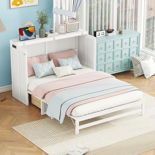 Queen Murphy Bed with Desk and Removable Shelves on Each Side, Murphy Bed Chest Murphy Bed Frame w/USB Port for Home Office, Studio or Guest Room