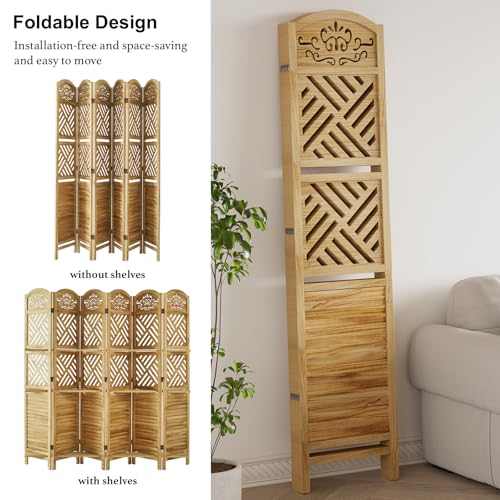 Room Divider with Shelves, 5.75ft Tall Folding Wood Carved Screen with Double Hinges for Home Office Bedroom Hotel Decoration (6 Panels, Natural)