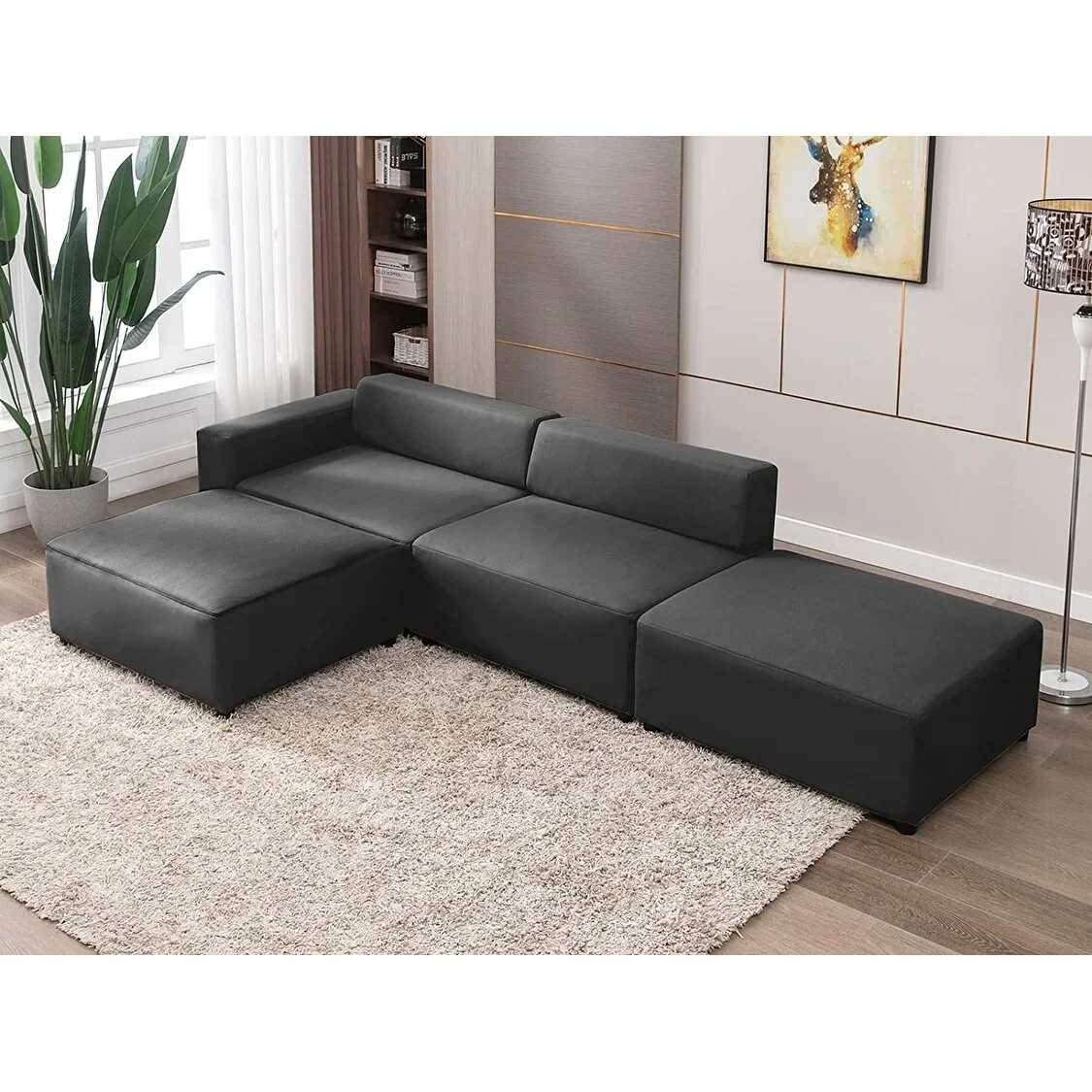 L Shape Modular Sofa,Convertible Sectional CouchRoom,Oversized  Sectional Sofa,Reversible Chaise Couch with Ottomans Light Grey