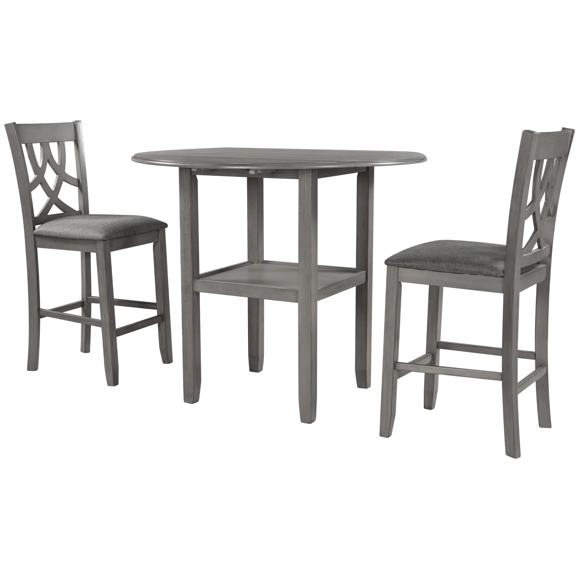 3 Piece Kitchen Nook Dining Table Set, Wooden Drop Leaf Table and 2 Dining Chairs, Counter Height Dining Set with Storage, Gray, D8315