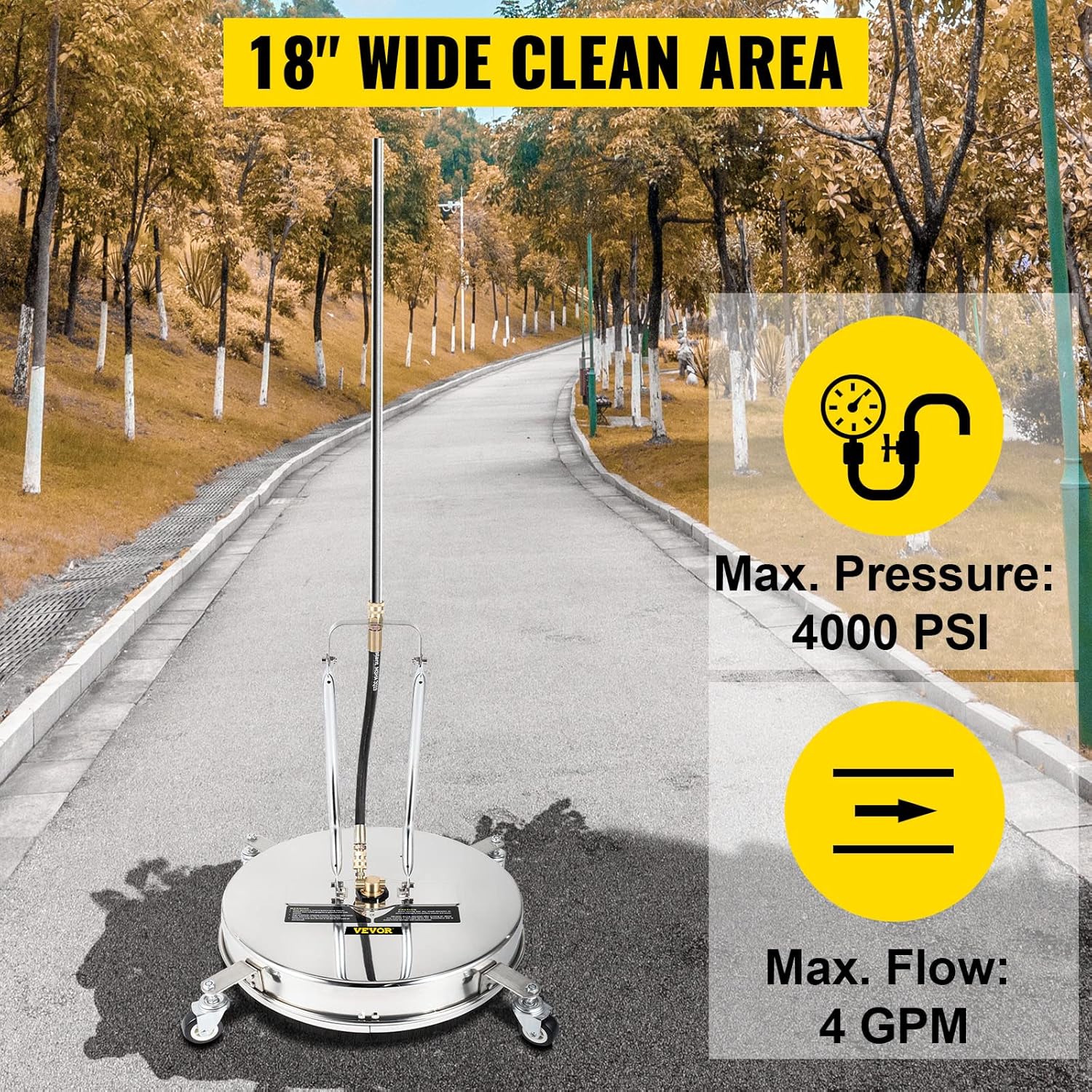 VEVOR Pressure Surface Cleaner, 18", 4000 PSI High-Pressure Washer with 1/4" Quick Connector, Dual Rotary Arms, and Castors