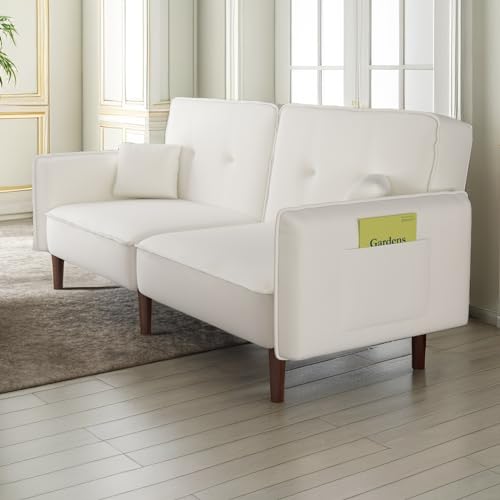 Modern Upholstered Convertible Futon Sofa Bed with Storage Pockets and 2 Pillows