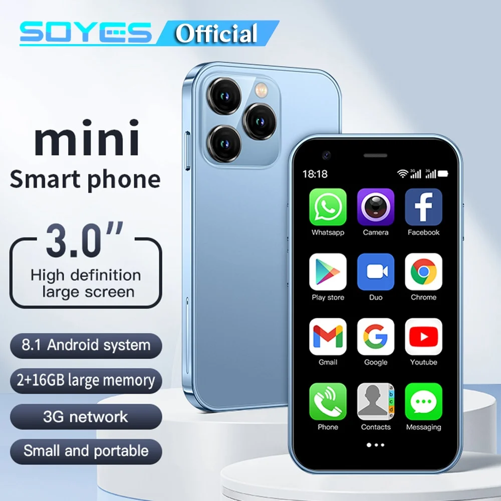 SOYES XS15 Ultra-thin 3.0Inch Small Phone 2GB+16GB Android 8.1 Dual SIM Standby 3G Mini Smartphone 1000mAh Wifi GPS Mobile Phone