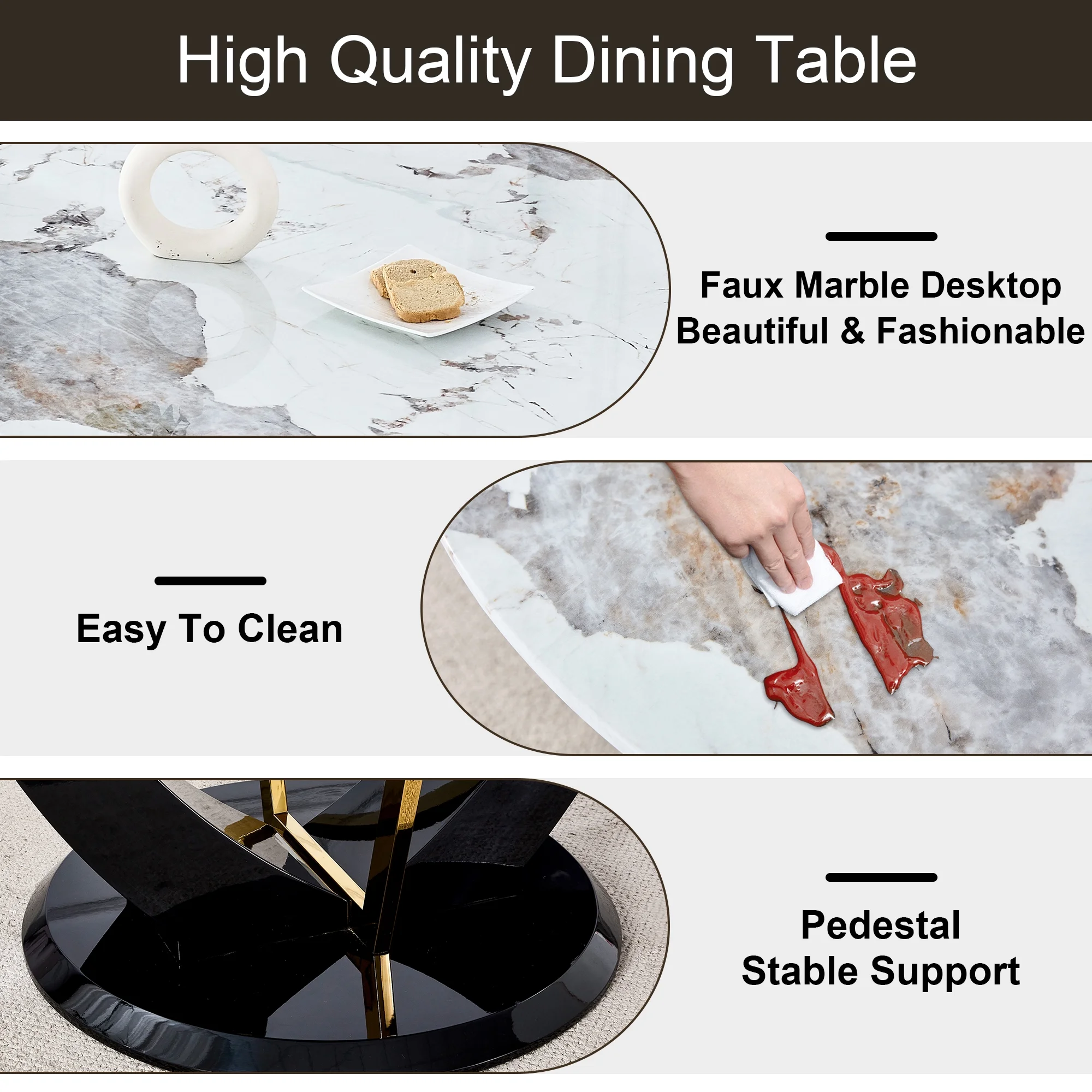 5 Piece Round Dining Table Set, Atumon Kitchen Dining Table with 4 White PU Leather Chairs, Modern Dining Room Set for 4