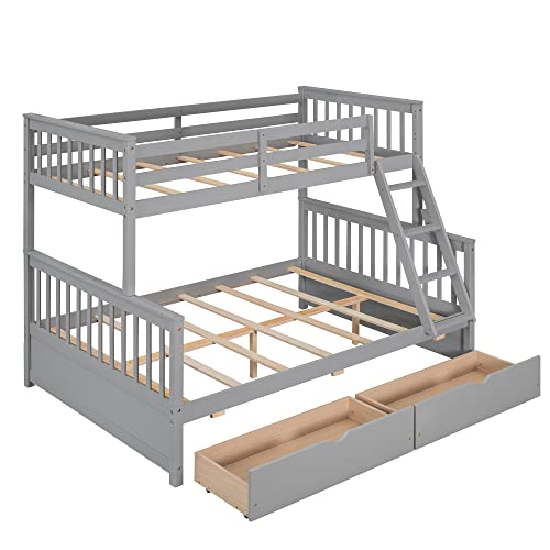 Ball & Cast Full Over Full Bunk Bed with Twin Size Trundle and Built in 4 Drawer,Wood Bunkbed w/Storage Ladder & Slat Support