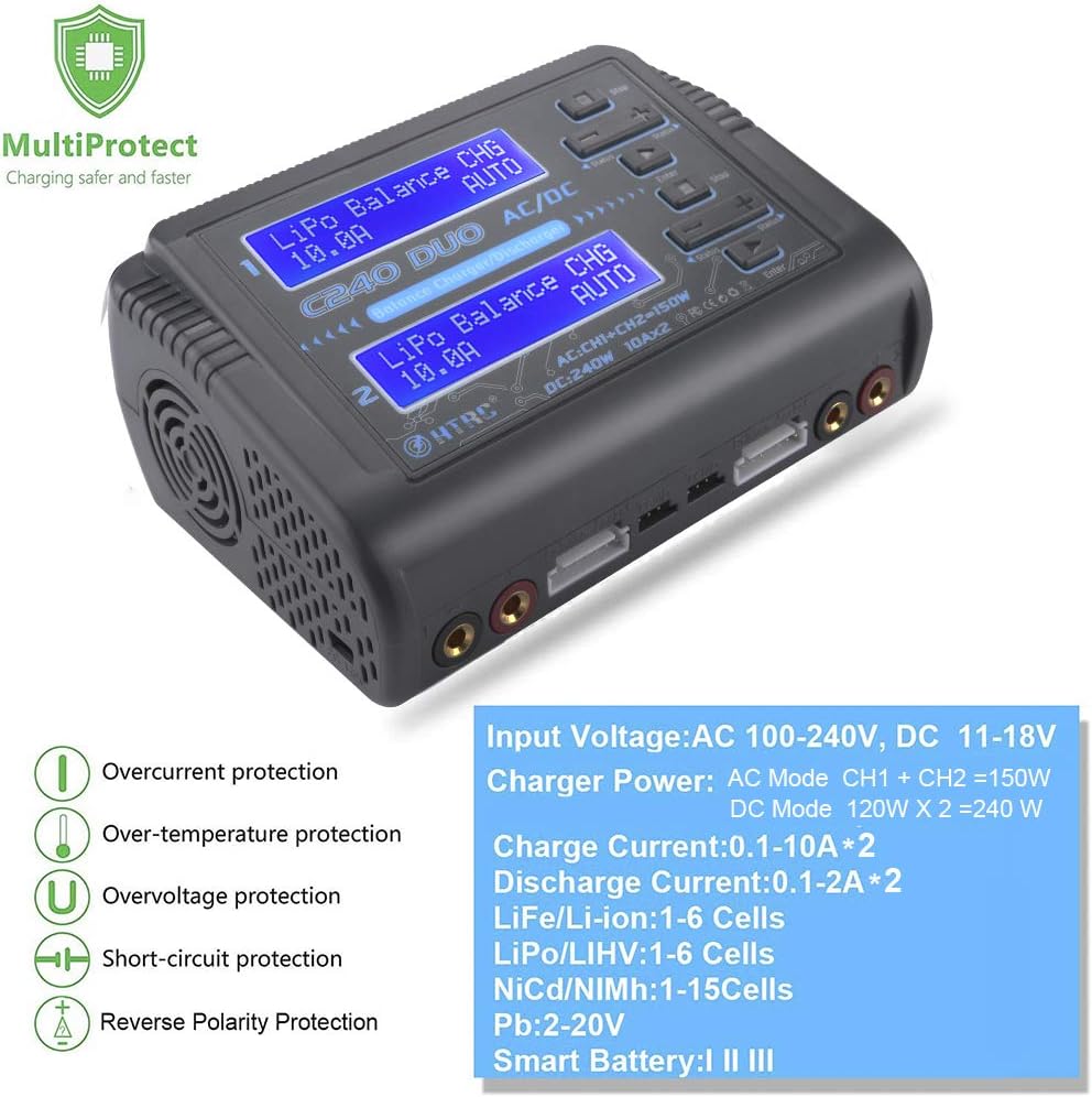 HTRC C240 Dual LiPo Balance Charger 1S-6S AC 150W DC 240W 10A RC Battery Charger Battery Charger Discharge for LiPo/Li-ion/Life(1-6s)