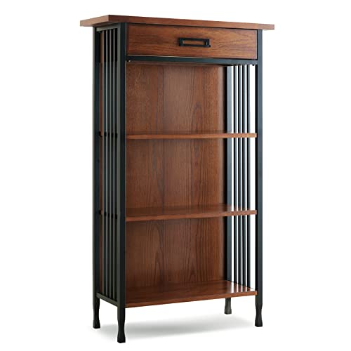 Leick Home 11262 Ironcraft Mantel Height Rustic Bookcase with Drawer Storage, 12" D x 30" W x 50" H, Mission oak/matte black