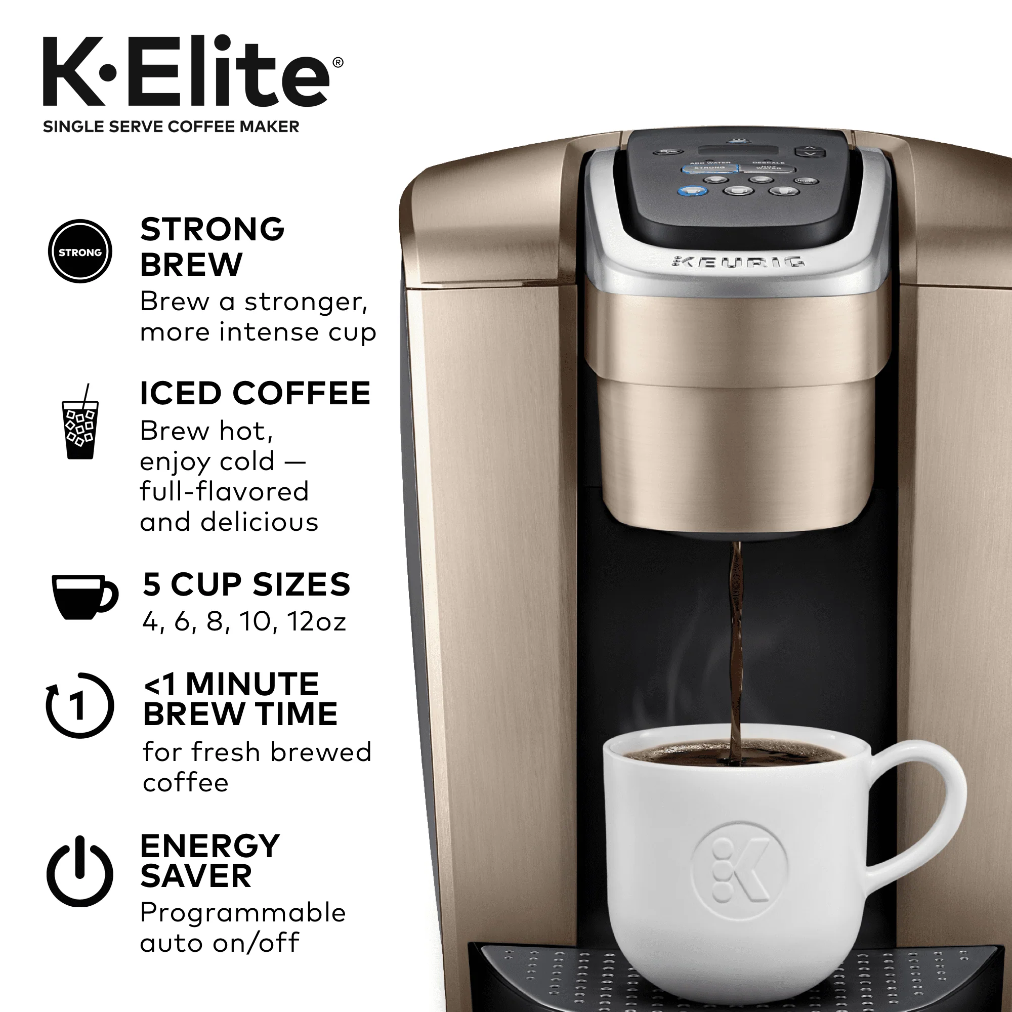 Keurig K-Elite, Single Serve K-Cup Pod Coffee Maker, Brushed Gold