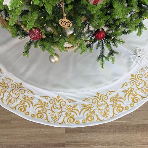 72-Inch Victorian Velvet Christmas Tree Skirt with Gold Damask Embroidery and Plush Lace Ties, Burgundy
