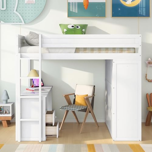Full Size Loft Bed with L-Shaped Desk, Wardrobe and Storage Shelves, Solid Wood Bedframe w/Safety Guardrails & Ladder for Kids Teens Adults
