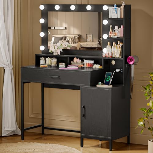 Vanity Desk with Mirror and Lights, Makeup Vanity with Storage Drawer, Power Outlet and Large Cabinet for Bedroom - White