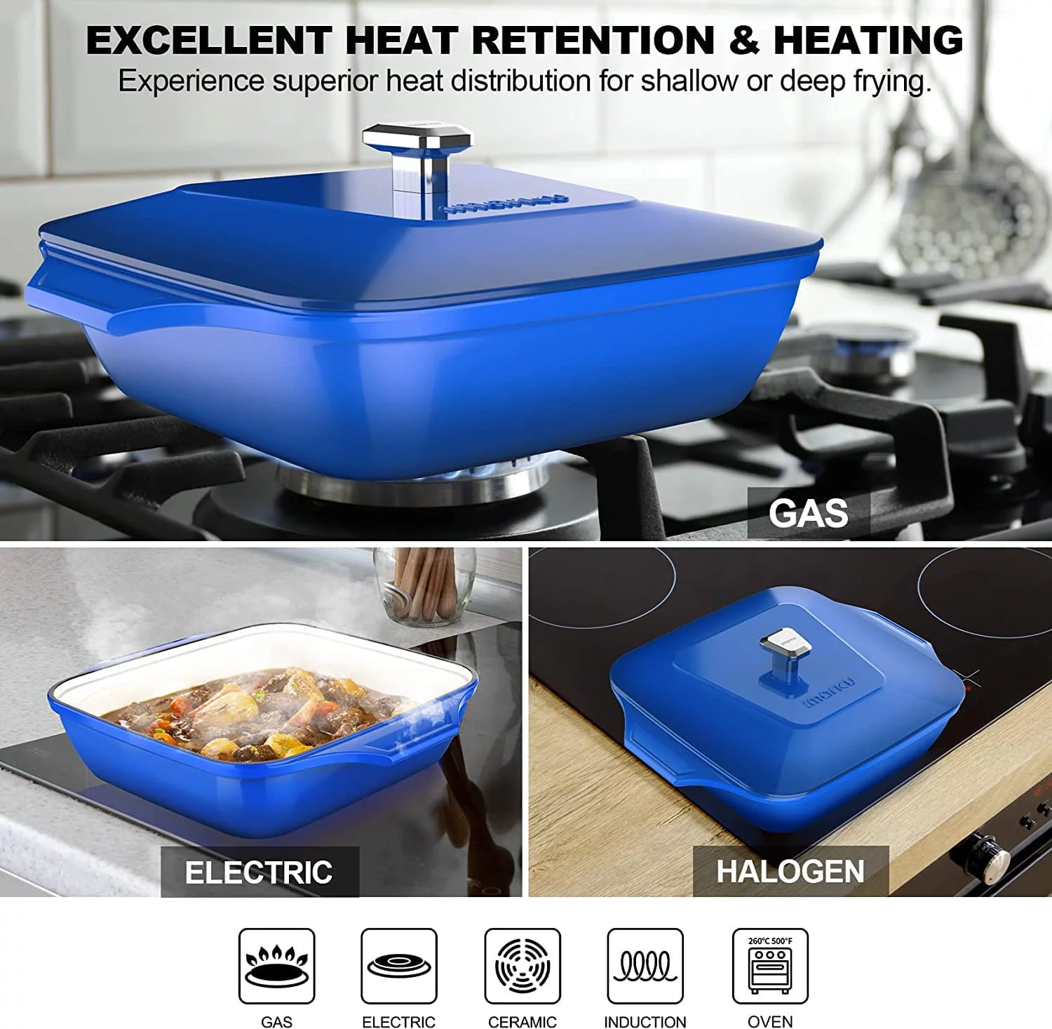 imarku | 3.5-Quart Dutch Oven Braiser Pan Nonstick Enameled Cast Iron with Lid Oven Safe - Blue