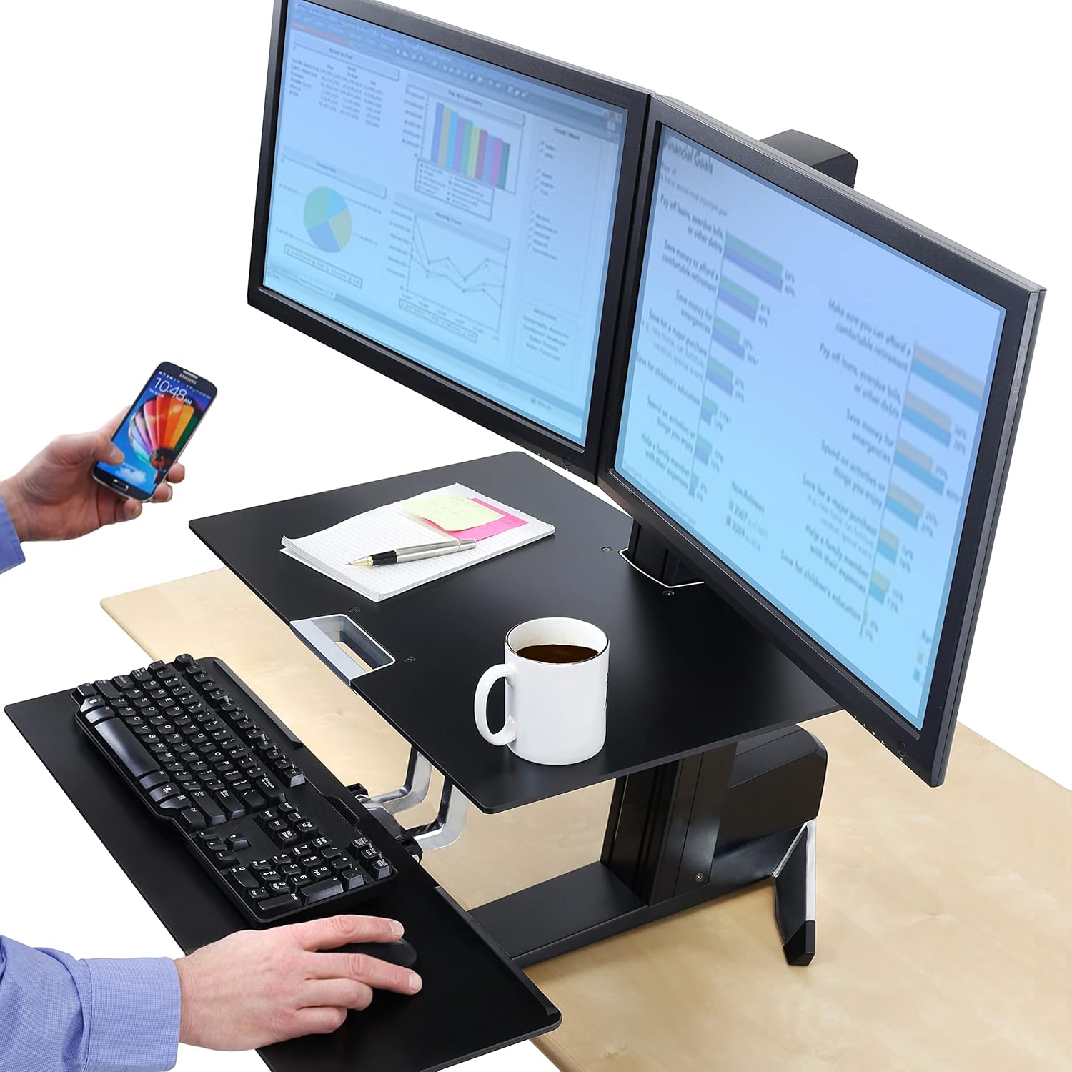 Ergotron – WorkFit-S Dual Monitor Standing Desk Converter, Sit Stand Workstation for Tabletops – with Worksurface, Black