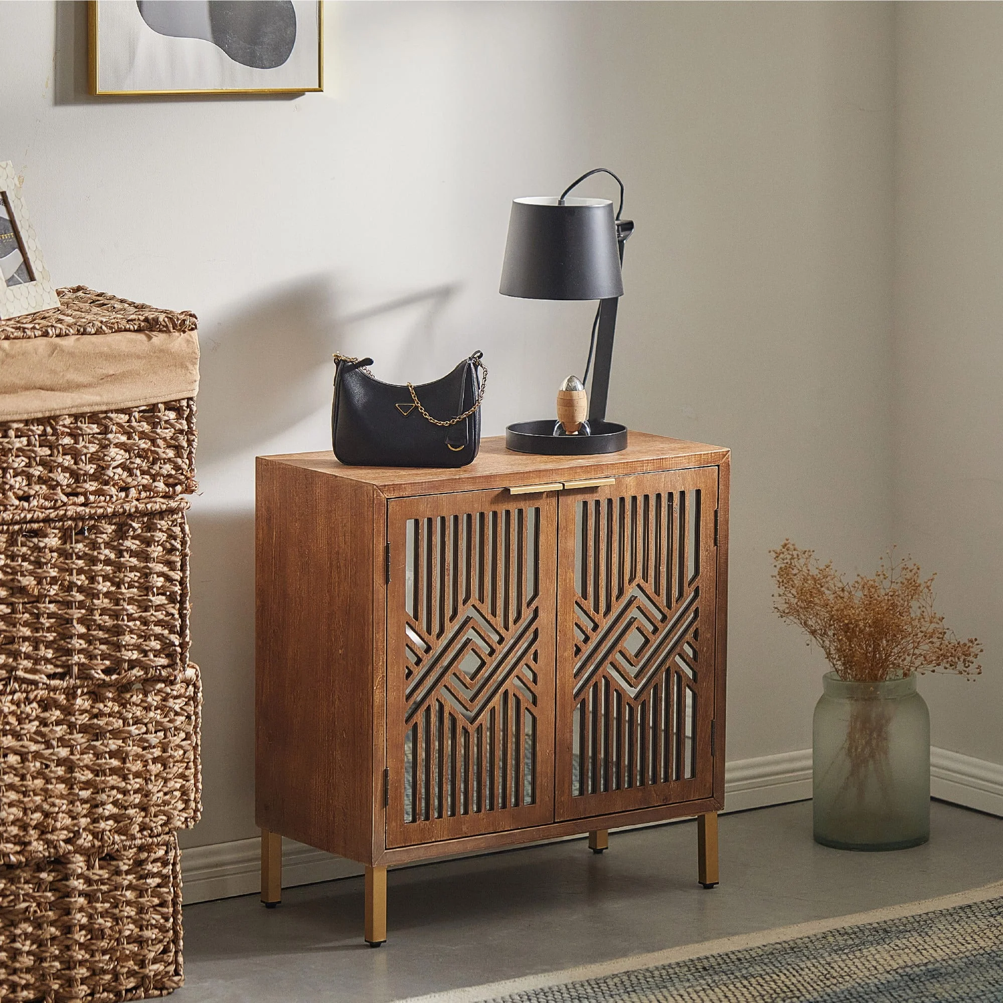 COZAYH  2-Door Accent Cabinet Modern Mirror Fronts Clean-Lined Silhouette, Natural