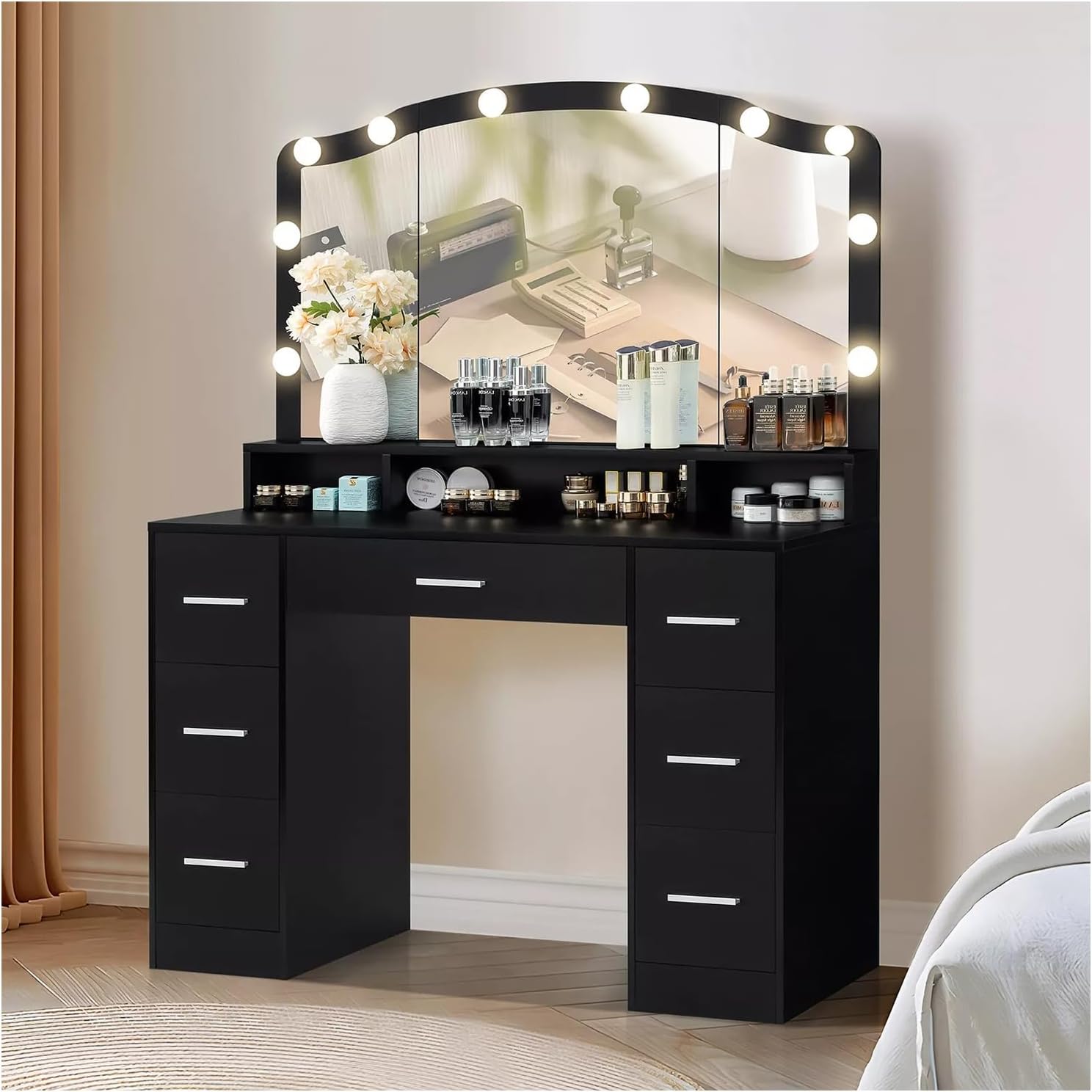 Modern 43.3 inches Black Vanity Desk with Large Lighted Mirror Makeup Vanity Table LED Lights 7 Drawers Storage Shelf Shelves Dressing Drawer Dresser