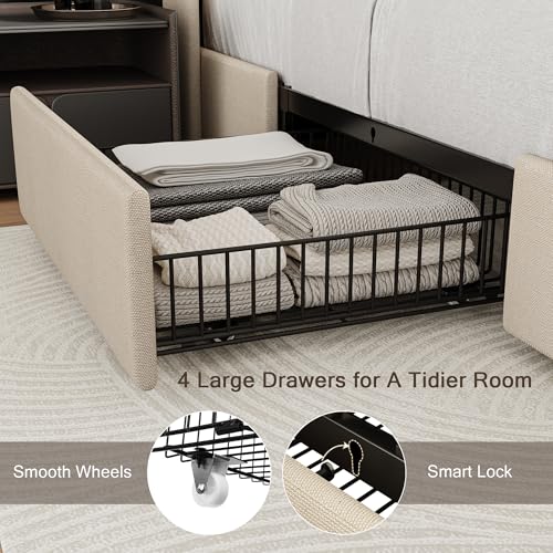 Queen Bed Frame with 4 Storage Drawers and Charging Station, Upholstered Platform Bed Frame with Storage Headboard, No Box Spring Needed