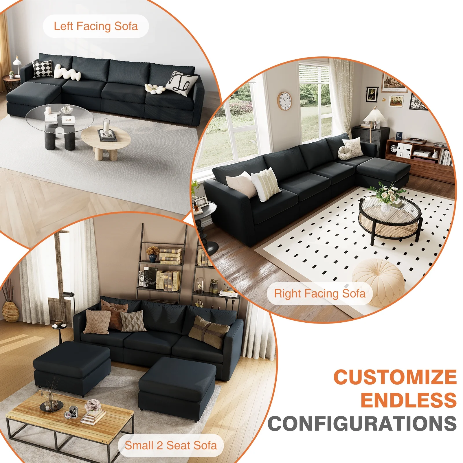 CONCETTA Convertible Modular Sectional Sofa, 5 Seat L Shaped Modern Sofa Couch Bed, Dark Grey - Radiant Selections