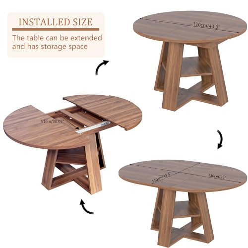 43.3in-59in Extendable Round Dining Table for 4-8,Modern Kitchen Oval Dining Table with Removable Leaves Space Saving
