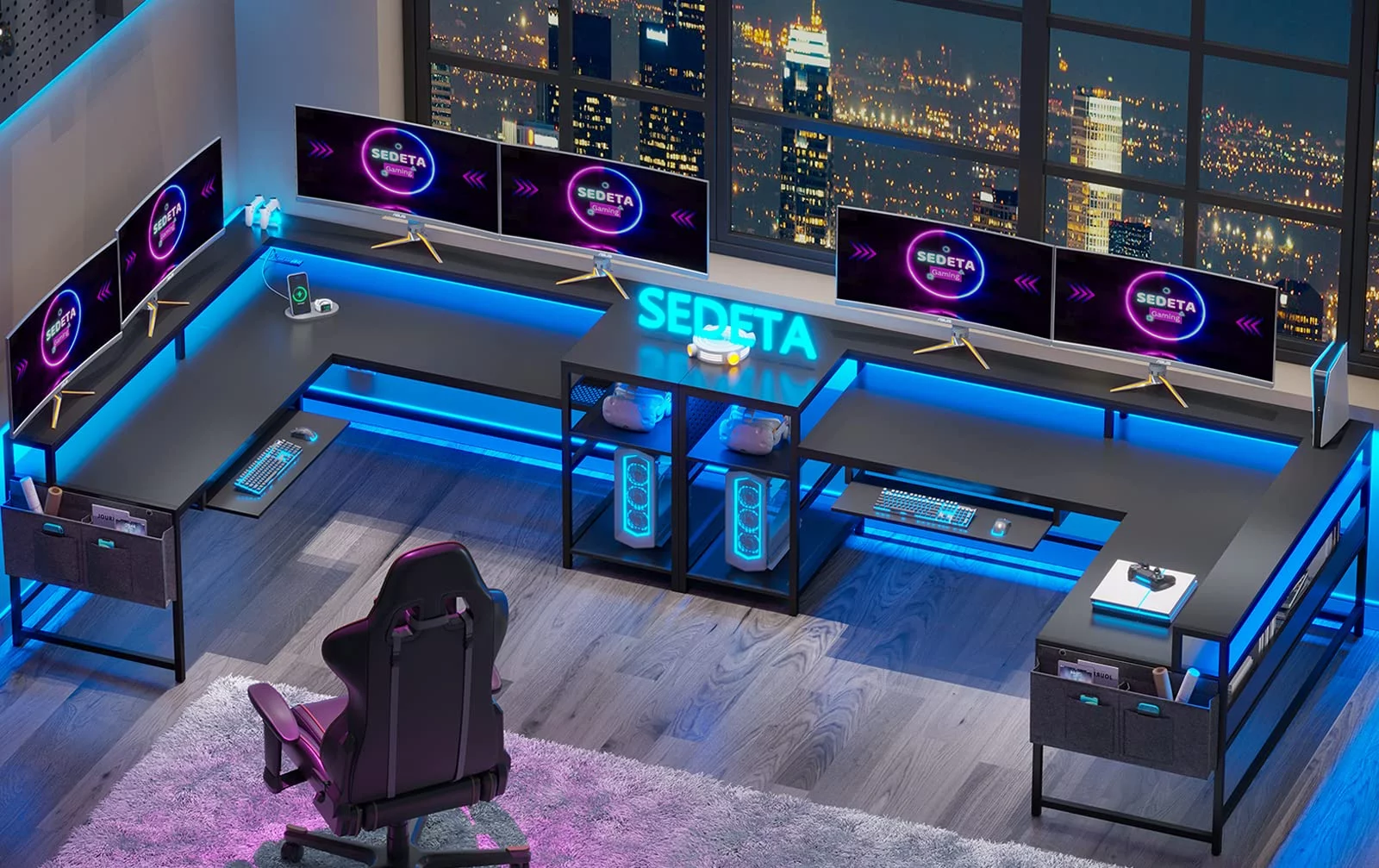 SEDETA L Shaped Gaming Desk, Reversible Computer Desk, Gaming Desk with Power Outlets and LED Strip, Keyboard Tray, Pegboard and Storage Shelves