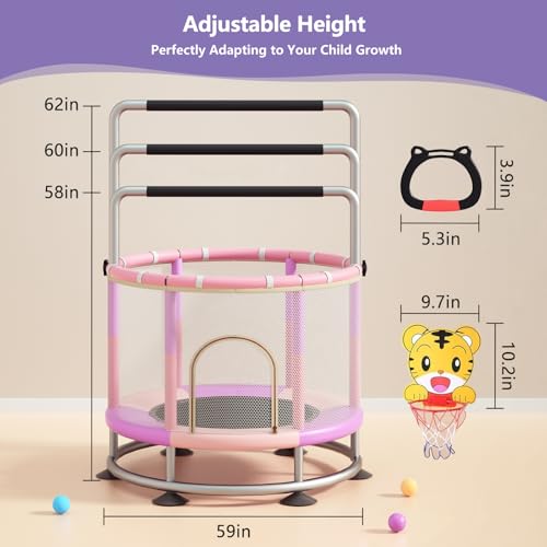 60" Trampoline for Kids, Anti-Rollover Round Bottom Baby Toddler Trampoline with Basketball Hoop, Indoor/Outdoor Kid Trampoline with Enclosure Net