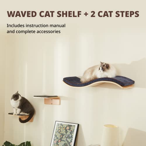 Cat Wall Shelf with Two Steps - Wave Cat Shelves and Perches for Wall - Wall Mounted Cats Furniture for Sleeping, Playing, Climbing, and Lounging