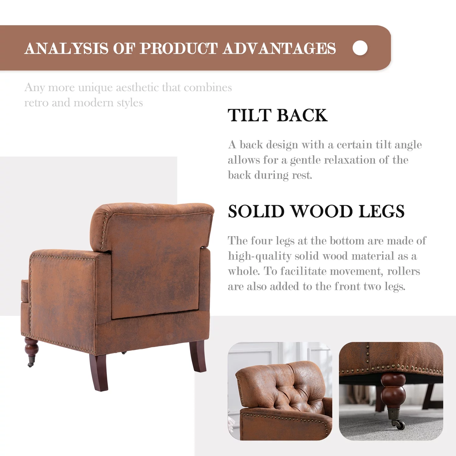 Tzicr Brown Modern Accent Chair, Button Tufted Upholstered Reading Chair with solid wood legs, Upholstered Mid Century Modern Arm Chairs for Bedroom