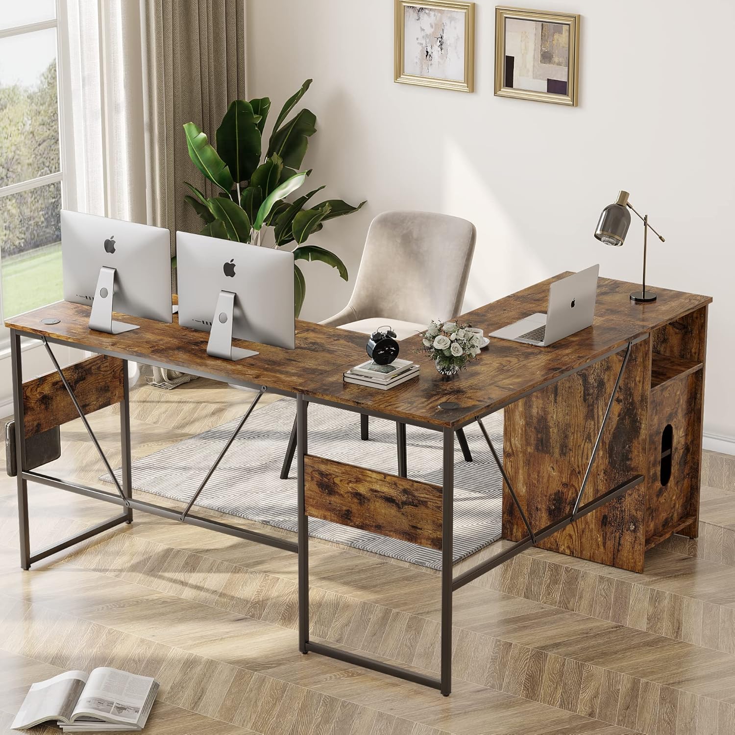 Bestier L Shaped Desk with Storage Cabinet 60 Inch Corner Desk Home Office Computer Desk Reversible or Modern Long Study Workstation Table for 2