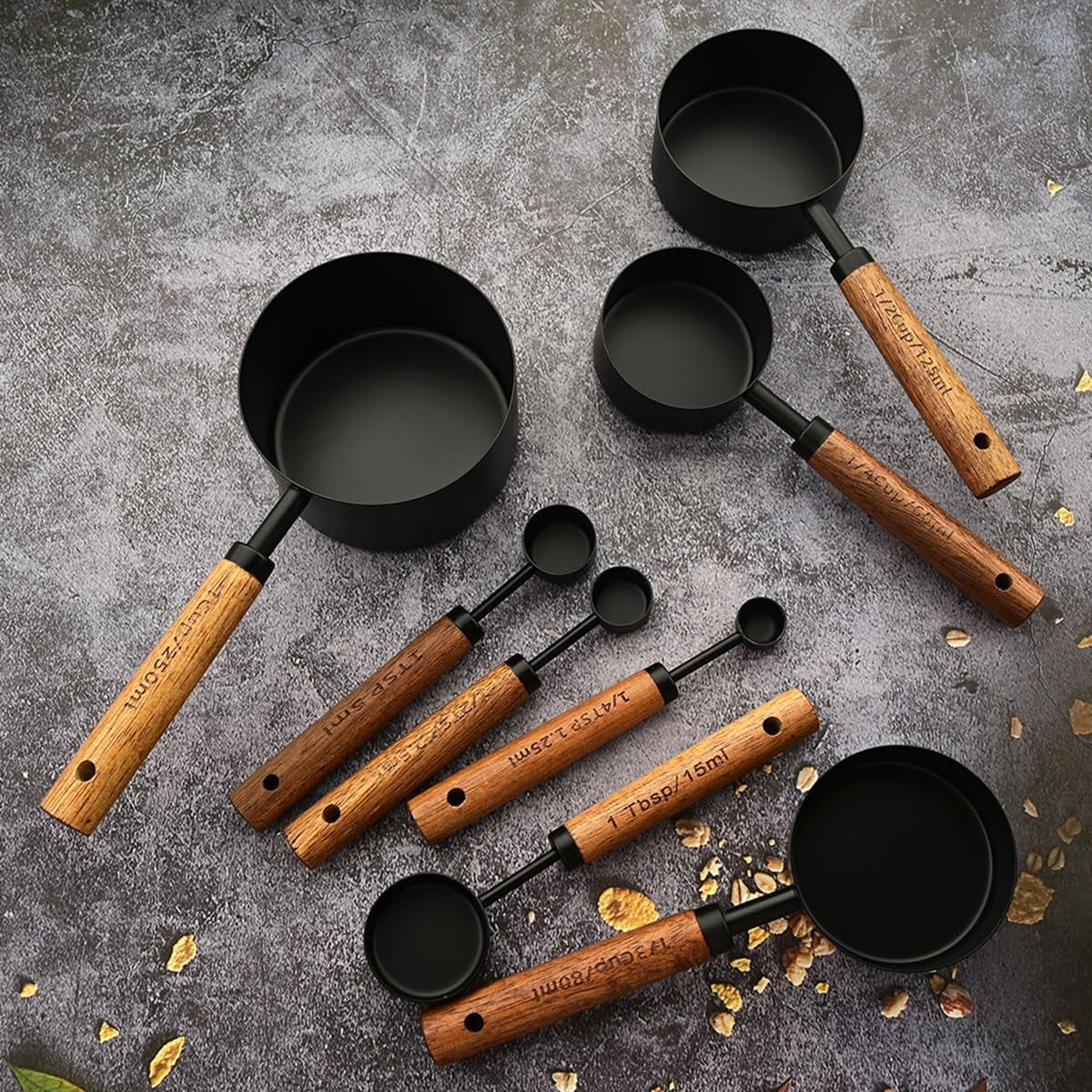 8 pieces Golden Measuring Cups Set and Measuring Spoons Set with Scale, Wooden Handle Stainless Steel Dry &amp