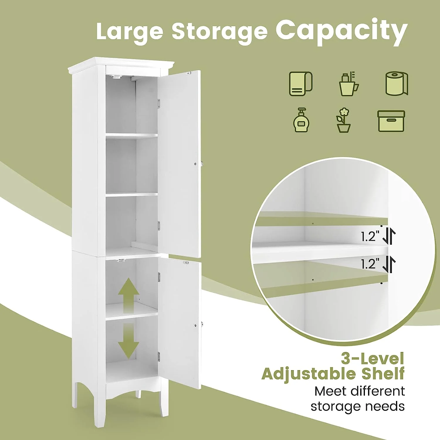 Bathroom Tall Storage Cabinet - Narrow Freestanding Floor Cabinet with Doors, 5 Tier Shelves(1 Height Adjustable)