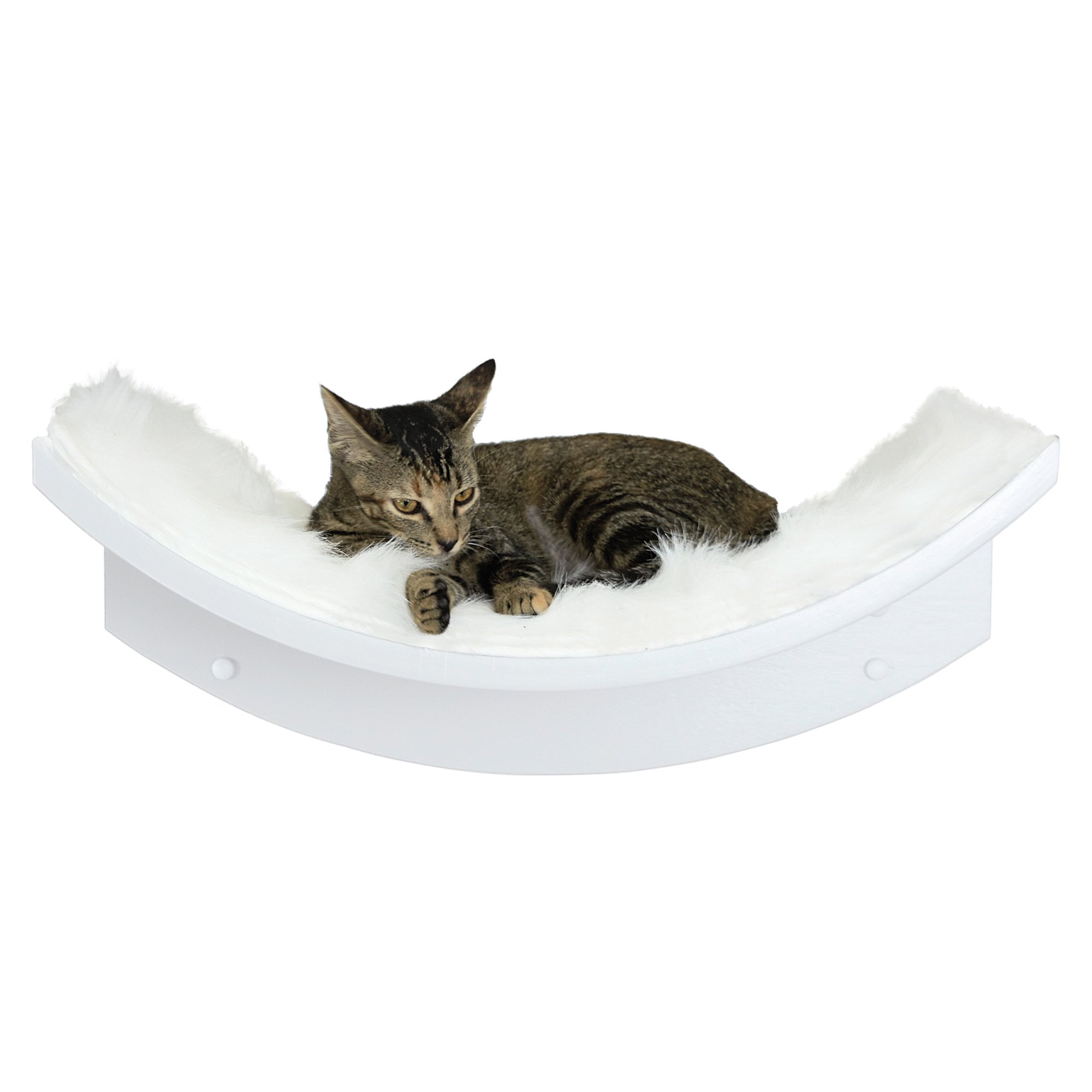 The Refined Feline Lotus Leaf Cat Shelf, Curved Solid Wood Wall-Mounted Perch with Removable Faux Fur Lining, White, 9 in H