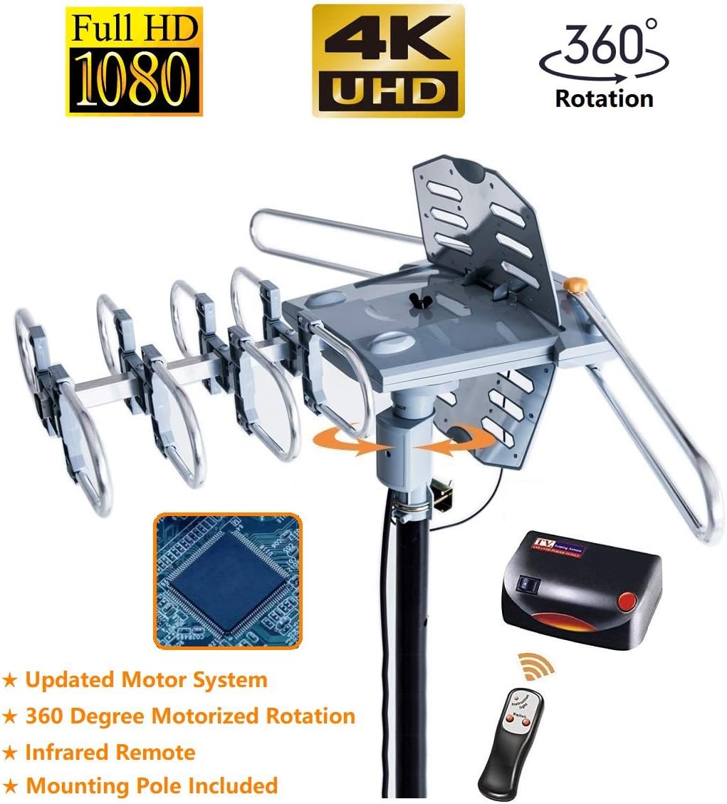 McDuory Outdoor 150 Miles Digital TV Antenna 360 Degree Rotation Amplified HDTV Antenna -Support 2 TVs-UHF/VHF/1080P/4K - Infrared Remote