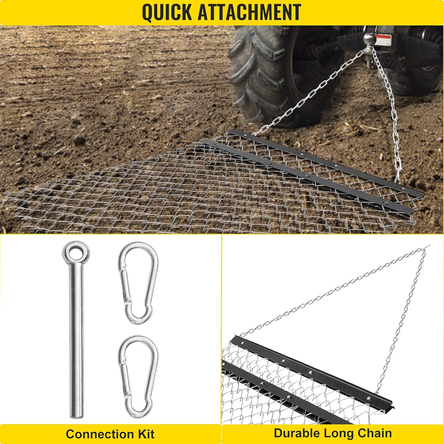 VEVOR Drag Harrow, 4' x 5' ATV Chain Harrow, UTV Tractor Attachments Field Drag Mat for Landscape Leveling or Sod Prepping