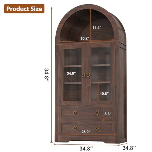 Kitchen Pantry Cabinet, Arched Bookshelf Bookcase China Pantry Storage Cabinet with Drawers Doors and Shelves