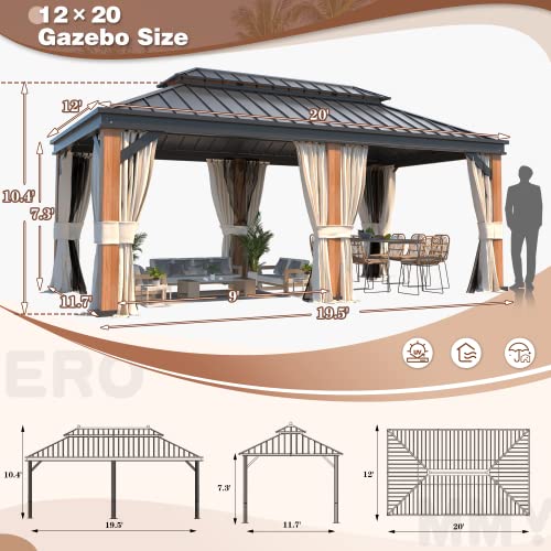 EROMMY 12'x20' Hardtop Gazebo Double Roof Galvanized Steel Canopy Outdoor Aluminum Frame Permanent Metal Pavilion with Netting and Curtains for Patio