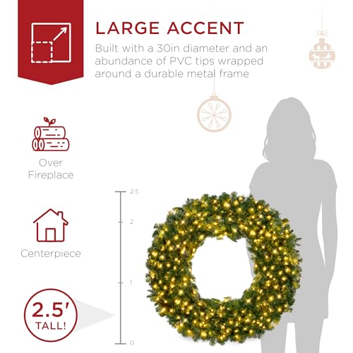 Best Choice Products 60in Large Artificial Pre-Lit Fir Christmas Wreath Holiday Accent Decoration w/ 300 LED Lights, 930 PVC Tips