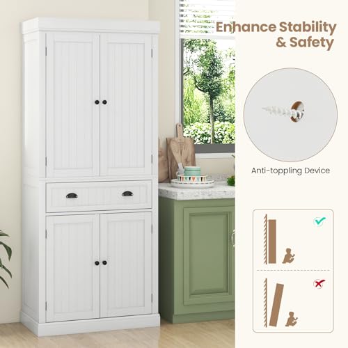 Tangkula 72" H Kitchen Pantry Cupboard Cabinet, Traditional Freestanding Large Tall Storage Cabinet with 2 Cabinets and Drawer, Adjustable Shelves