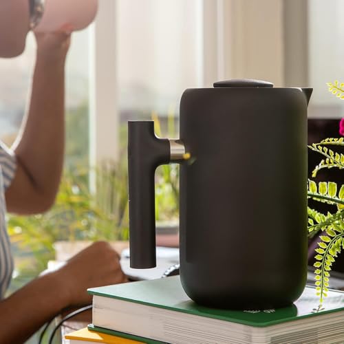 Fellow Clara French Press Coffee Maker - Portable Stainless Steel Coffee Press, Insulated Manual Brewer, Matte Black with Walnut, 24 oz Carafe