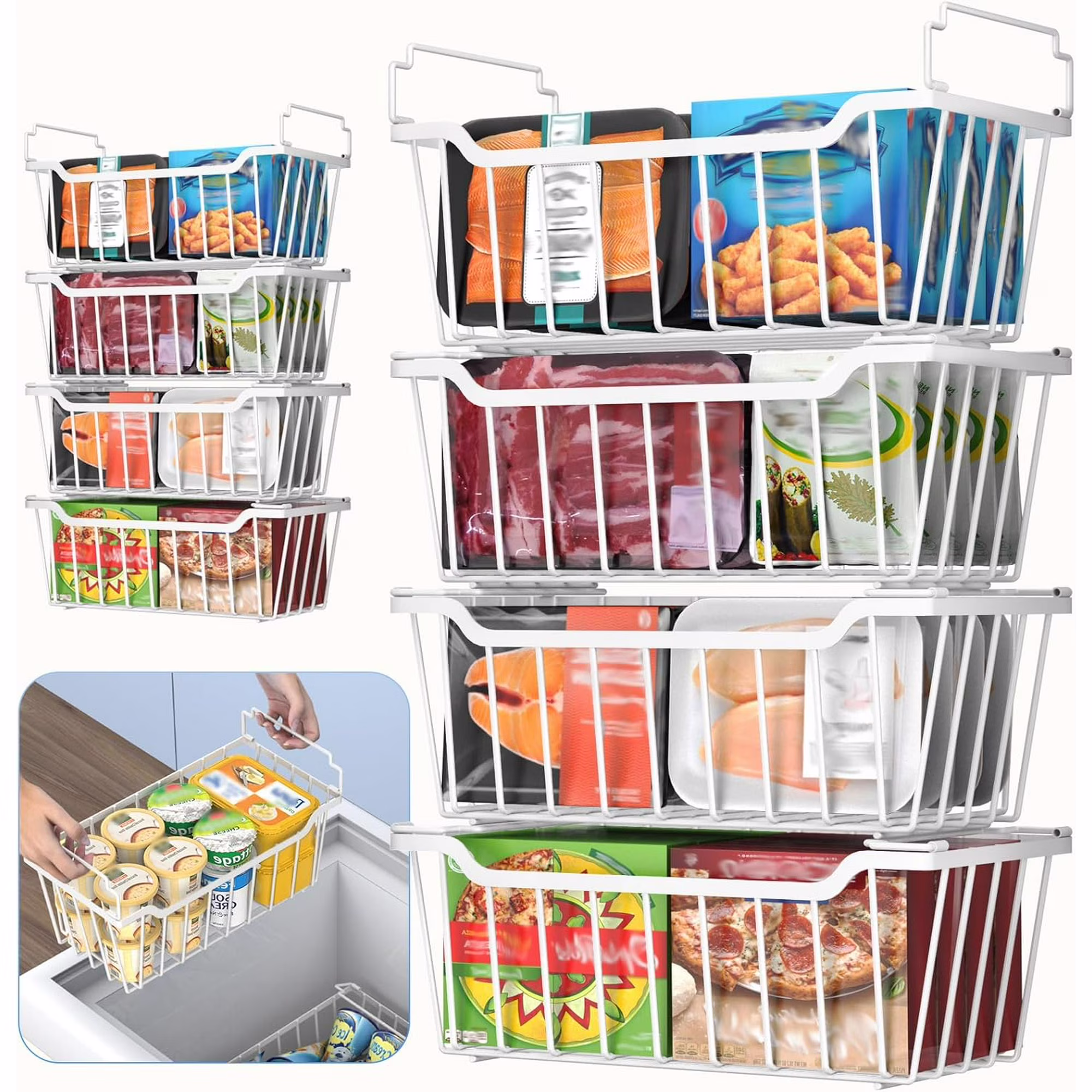 8-Pack Freezer Organizer Bins with Foldable Handles, Stackable Deep Freezer Baskets for 3.5-7 Cubic Feet Freezers, White Metal Storage Bins