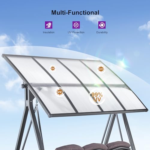 PURPLE LEAF Outdoor Patio Porch Swing with Adjustable PVC Canopy, 3-seat Swing Chair Bench with Side Cup Holder for Backyard Front Porch Lawn