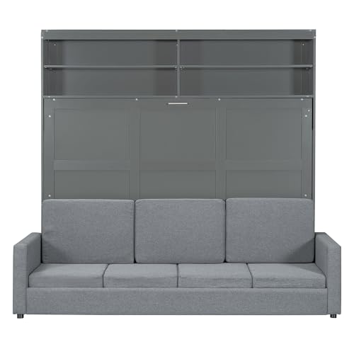 Harper & Bright Designs Queen Size Murphy Bed with Cushion and Storage Shelves, Wood Queen Platform Bed with Sofa, Wall Bed
