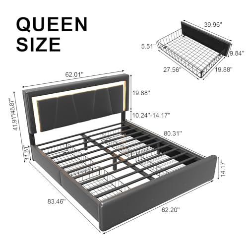 Full Size Bed Frame with 4 Storage Drawers and LED Lights, Upholstered Platform Bed with Adjustable Headboard and Charging Station