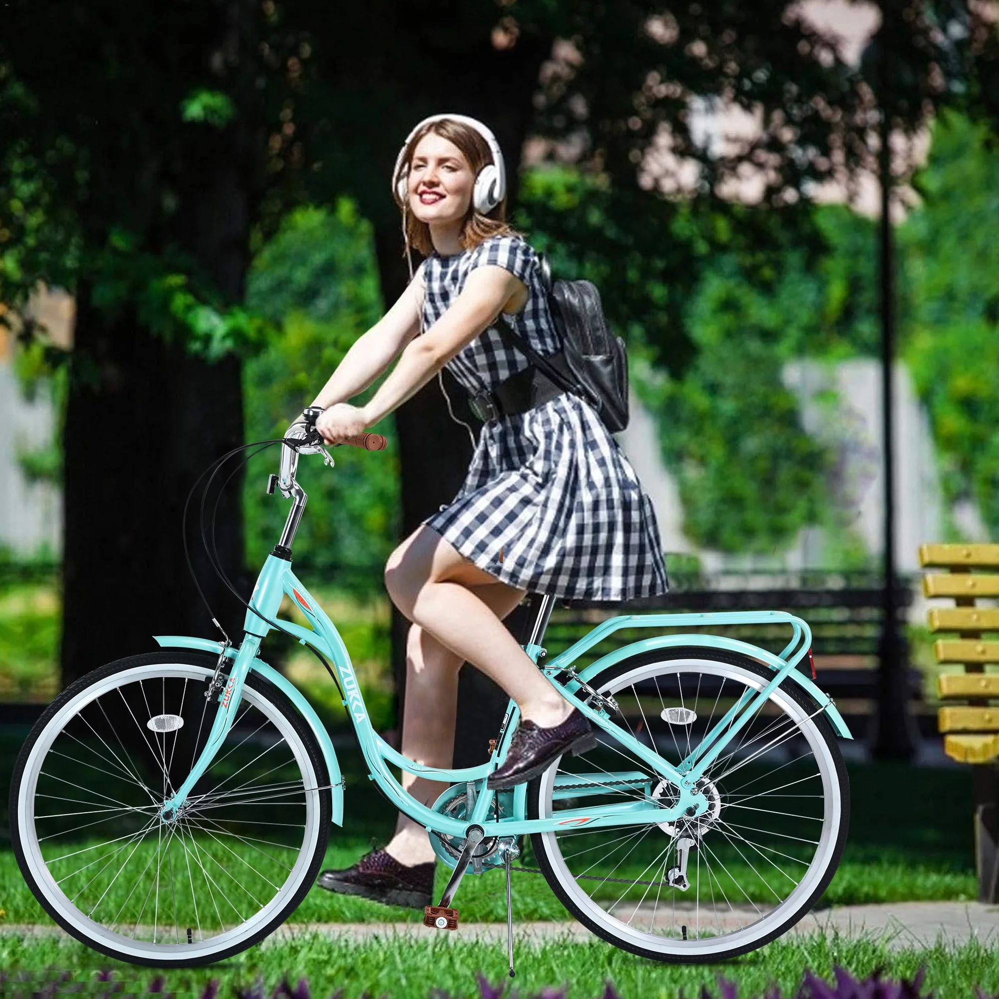 iYofe Womens Bike 26 inch Shimano 7 speed Beach Cruiser Bike for Ladies Commuter Bike City Bike, 85% Assembled, Cyan