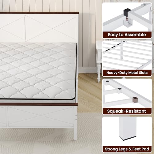 VOPEAK Farmhouse Queen Bed Frame with Headboard and Footboard, Bed Frame Queen Size Metal Platform with Under Bed Storage, Noise Free