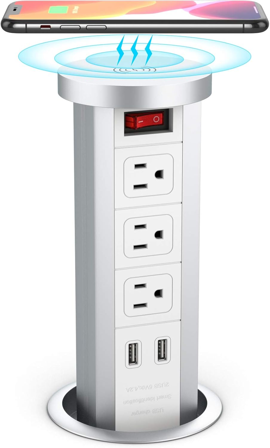 BTU Automatic Pop Up Power Strip, Retractable Hidden Recessed Power with 2 4.2A USB Charger Ports and Wireless Charger Station